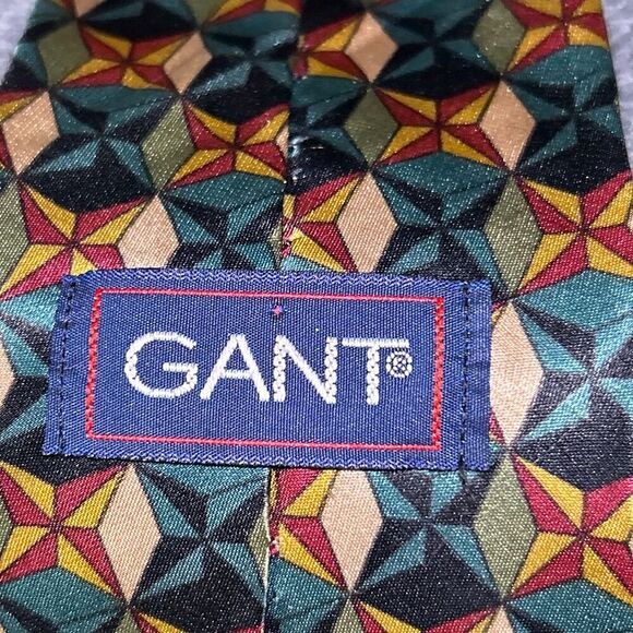 Gant Silk Tie Red Green and Gold Geometric - Picture 3 of 5